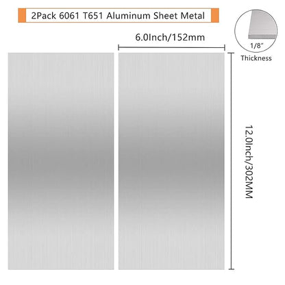 2Pack 6061 T651 Aluminum Sheet Metal 6 x 12 x 1/8 (0.125) Inch Flat Plain Aluminum Plate Covered with Protective Film, Heat Treatable Rectangle 3MM Aluminum Metal Plate for Crafting, lndustry