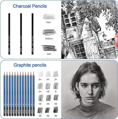 H & B 50 Pack Drawing Set Sketching Kit, Pro Art Supplies with 3-Color Sketchbook, Include Colored, Graphite, Charcoal, Watercolor & Metallic Pencil, for Artists Adults Beginner