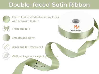 HUIHUANG Sage Green Satin Ribbon 1-1/2 inch x 100 Yards Green Double-Faced Satin Ribbon for Flower Bouquet, Gift Wrapping, Eternal Roses, DIY Crafts, Bridal Shower Wedding Decor