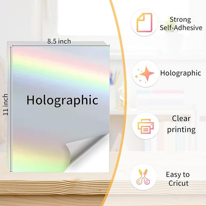 Printable Sticker Paper, 20 Sheets Printable Holographic Sticker Paper, Laser/Inkjet Printing- Holographic, Letter Size (8.5" x 11")
