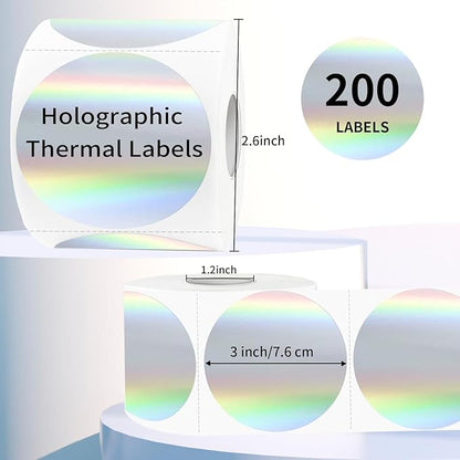 3" Holographic Direct Thermal Label Stickers, Round Printable Rainbow Glitter Thermal Printer Sticker Labels for Gift Wrapping, Self-Adhesive DIY Custom Logo Design- Holographic Silver