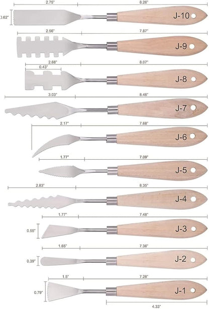 Paint Knife Set - 10pcs Stainless Steel Spatula Palette Knife Painting Tools Metal Knives Wood Handle with Different Shapes and Sizes for Oil Painting, Acrylic Mixing