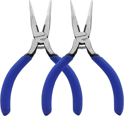 Mini Needle Nose Pliers 5"-2 Pack KAIHAOWIN Small Long Nose Pliers with Wire Cutters, Spring Loaded Thin Needle Nose Pliers, Precision Pliers Set for Crafts/Jewelry Making/Tiny Project