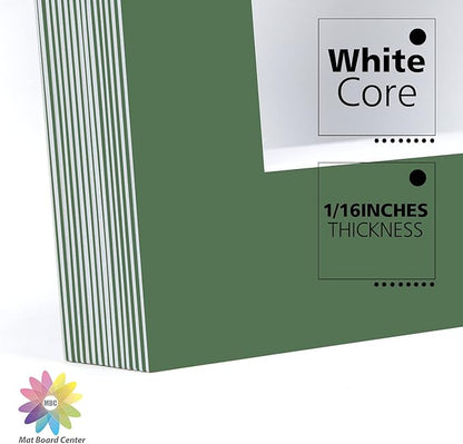 Mat Board Center, Pack of 10, 11x14 for 8x10 Basque Green Color Mats - Bevel Cut, Acid Free, 4-ply Thickness, White Core - for Pictures, Photos, Framing