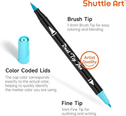 Shuttle Art Pastel Brush Pens, 56 Pastel Colouring Pens, Dual Tip Brush Markers with Fineliner Tip, Drawing Felt Tip Pens for Adults Colouring Books, Painting Sketching Calligraphy and Journaling