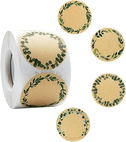 HAHIYO 2In 500P Round Natural Brown Kraft Stickers with Green Leaf Wreath Design - 4 Unique Styles Blank Kraft Labels Roll to Write On Durable Dot Stickers for Jar Canning Price Tags Store Organizing