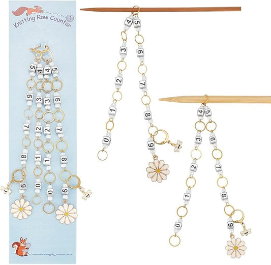 NBEADS 2 Pcs Flower and Bee Knitting Row Counter Chains, Number Beads Acrylic Stitch Markers Row Counting Accessories for Knitting Crochet Tracking Project Progress