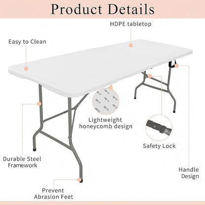 Set of 2 Folding Tables with Carrying Handle Lightweight Rectangular Portable Plastic Camping Table Steel Legs for Party, Dining, Wedding, Events, Picnic Indoor, Outdoor (6FT, White)
