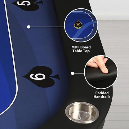 Upgrade Foldable Poker Table for 10 Players - Texas Holdem & Blackjack Board Game Table - Large Casino Table with 10 Stainless Steel Cup Holders & Padded Rails - Perfect for Texas Casino Leisure Game