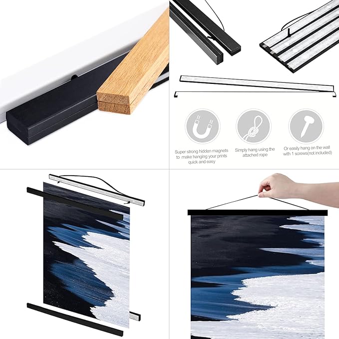 Ywlake Magnetic Poster Hanger, 28x22 28x40 28x20 Poster Frame Wood Wooden Magnet Print Posters Dowel Scroll Hanger Hangers Hanging Kit for Walls Map Canvas Artwork (Black, 28")