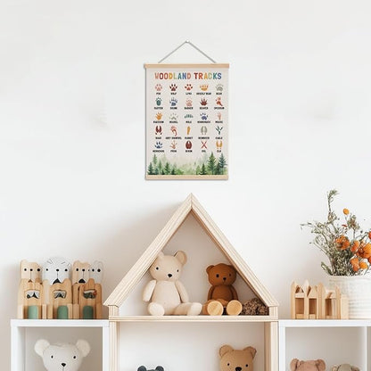 Boho Animal Woodland Tracks Poster Hanger, Forest Jungle Animals Nursery Decor Wall Decor, Paw Print Educational Posters Country Wall Art Wall Hanging Banner Farmhouse Home Playroom Baby Room Decor