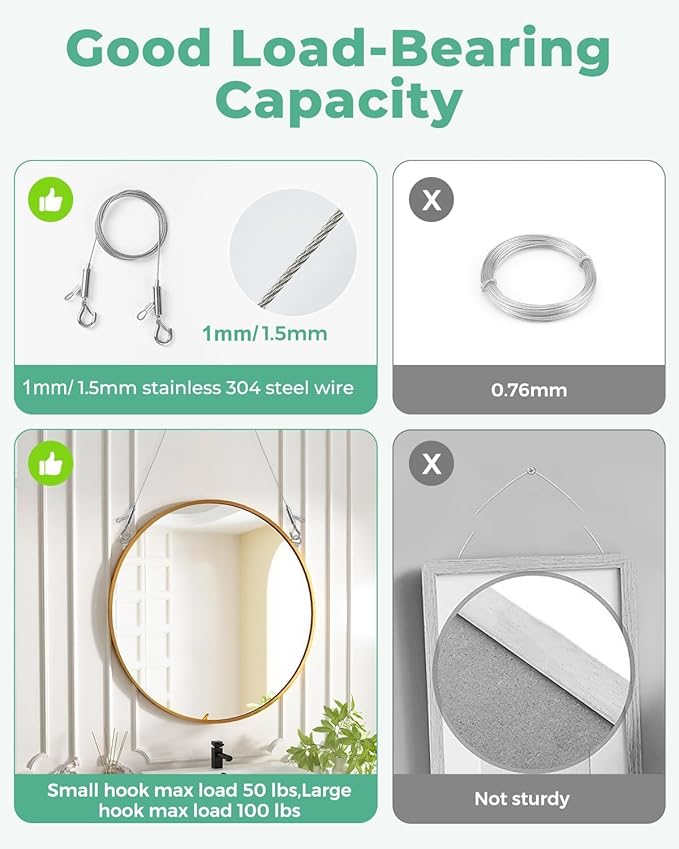2PCS Adjustable Picture Hanging Wire 3m x 1.5mm Large Hooks, Picture Frame Wire Kit Heavy Duty 100lbs, Stainless Steel for Art, Mirror, Light Lamp, Billboards, Basket Flowerpot