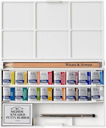 Winsor & Newton Cotman Watercolor Paint Set, Complete Pocket Set, 16 Half Pan w/ Brush, Eraser, Mixing Palette