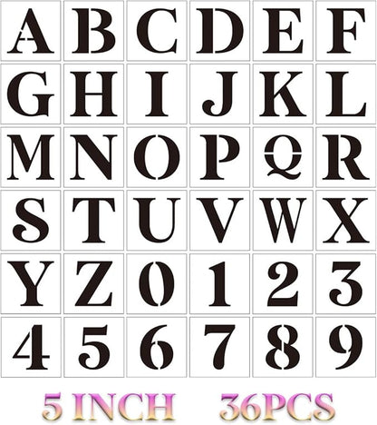 5 inch Letter Stencils for Painting On Wood,36pcs Stencils Letter Alphabet Number Stencil Templates for Wood Wall Signs Door Porch Fabric