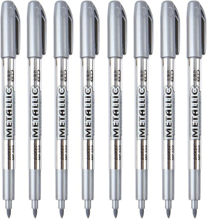 MYARTOOL Metallic Marker Pens, Silver Metallic Permanent Markers for Artist Illustration, Crafts, Gift Card Making, Scrapbooking, Fabric, DIY Photo Album, Value Set of 8