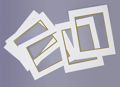 Golden State Art, 11x14 Double Mats for 8x10 - for Photos, Pictures, Frames - Acid-Free, 5 Pack, Off White Over Old Gold