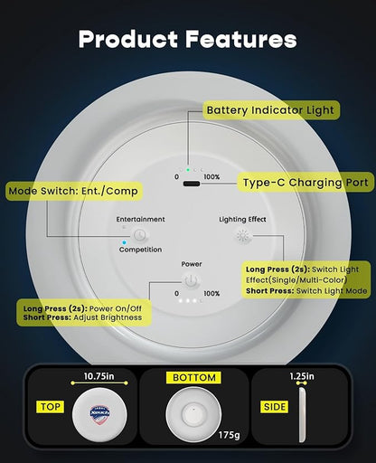 Light Up Flying Disc, 175g Glow Disc with 30 RGBs, 16 Lighting Modes, 4 Brightness, 600mAh Rechargeable Battery, Built-in Timer and Sensor for Competitive & Casual Play, Gift for Men/Boys/Teens