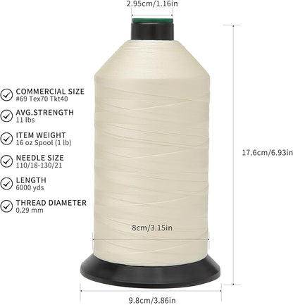 Extra Strong Bonded Nylon Thread #69 Tex70 – 16 OZ, 6000yds, Versatile Stitching Solution for Leather, Upholstery, Canvas Repair and More (Ivory)