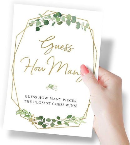Printed Party Candy Guessing Game, Guess How Many, Greenery, 50 Cards and Sign