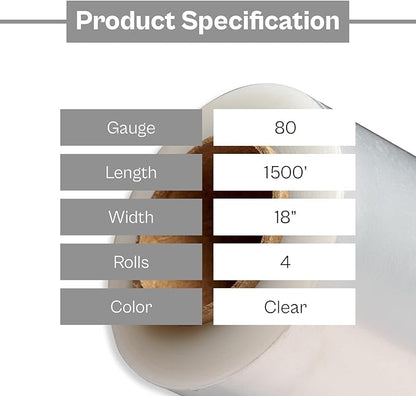 PSBM 4 Rolls 18 Inch x 1500 Feet 80 Gauge Stretch Film/Wrap Heavy Duty, Industrial Strength Clear Shrink Wrap for Shipping, Packaging, Moving, Bundling or Storage