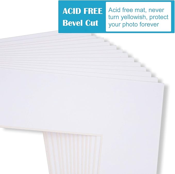 Egofine Pack of 25 White Pre-Cut Mat Board 11x14 Picture Mat for 8x10 Photo with White Core Bevel Cut Mattes Sets. Includes 25 High Premier Acid Free Mats & 25 Backing Board & 25 Clear Bags