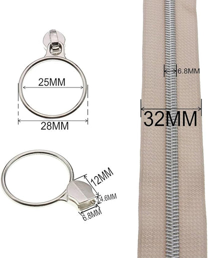 Leekayer #5 Silver Metallic Nylon Coil Zippers by The Yard Bulk 10 Yards Beige Zipper Tape with 25pcs Silver Ring Pull Sliders for DIY Sewing Tailor Craft Bag(Beige)