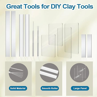 Amrules Clay Tools Kit, 12 PCS Polymer Clay Cutter Tools, Rectangle Shape Acrylic Press Board and Roller Pin Supplies Suitable for Shaping, Carving, Pottery Craft and DIY Projects