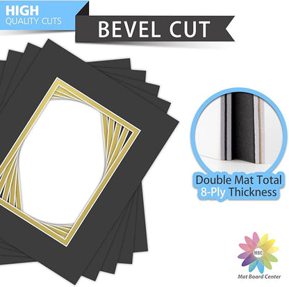 Mat Board Center, Double Mat - Acid Free, 8-ply Thickness, White Core - for Pictures, Photos, Framing (Black Over Gold, 8x10 for 5x7, Pack of 5)