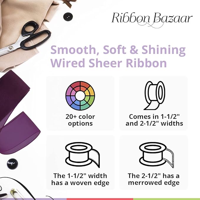 Ribbon Bazaar Sheer Organza Wired Ribbon - 100% Polyester Wire Edged Ribbon for Floral Decor, Table Arrangements, Apparel Embellishment & More - 1-1/2" Peach 25yd