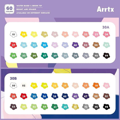 Arrtx Acrylic Paint Pens, 58 Colors for Rock Painting, Extra Brush Tip, Water Based Paint Markers for Stone, Glass, Easter Egg, Wood and Fabric Painting-No Toxic,No Odor-Type 30A+B