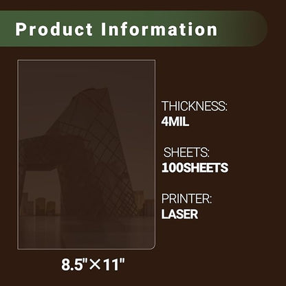 Laser Transparency Film,100 Sheets Overhead Projector Film for Laser Jet Printer,Letter Size 8.5x11"Color Transparent Paper for OHP Copier Photo Transparent Film,Office and School Supplies