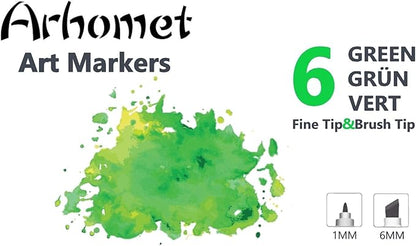 6pcs Green Forest Trees Grass Colors Alcohol Markers Set, Dual Tips Art Markers Drawing Sketched Double Tipped for Adults Kids (Green)