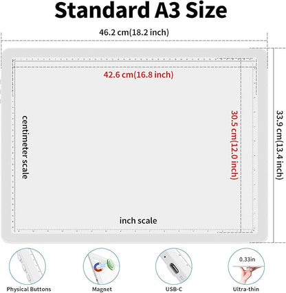 Phylosal Rechargeable A3 Light Pad with Carry Bag, Ultra-Thin Magnetic Tracing Light Box for Drawing, Diamond Art Painting Light Board with Side Button, Super Bright Light Table for Sketching (White)