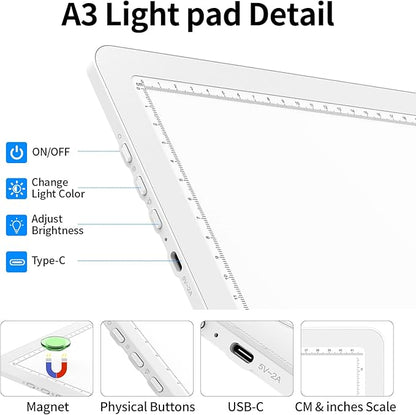 TOHETO A3 Light Board with Bag for Diamond Painting, Super Bright Magnetic Light Pad with Side Buttons, Lightbox for Tracing and Drawing, Corded Light Table for Sketching, Weeding Vinyl (White)