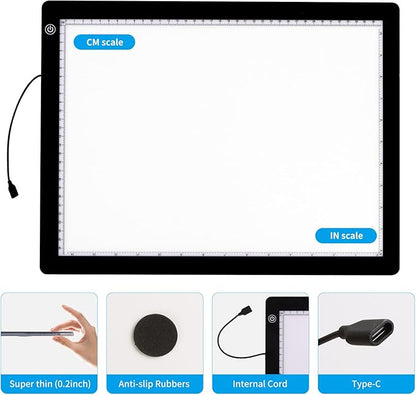 A3 Light Pad with Foldable Stand, UL Certified Adapter, 8000 Lux Super Bright Ultra Thin Pad for Cricut Weeding Vinyl, Artist Drawing Light Box/Board/Table for Tracing, Sketching - Black