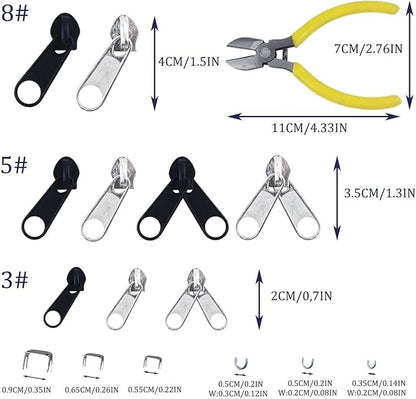 175 Pcs Zipper Repair Kit Sewing Change Zipper Needle-Nose Pliers Silver Black Zipper Clothing Jacket Purse Luggage Backpack Tent Sleeping Bag