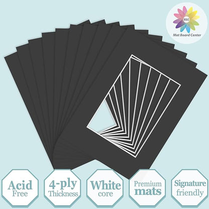 MBC Mat Board Center, 10 Pack 5x7 for 3.5x5 Black Picture Mats Frame Mattes, Bevel Cut, Acid Free, 4-ply Thickness