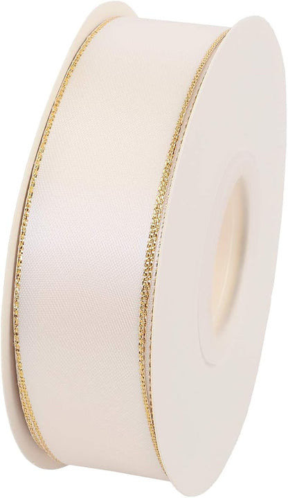 ITIsparkle 1" Inch Double Faced Satin Ribbon 25 Yards with Gold Edges, 1" X 25Yd - Ivory