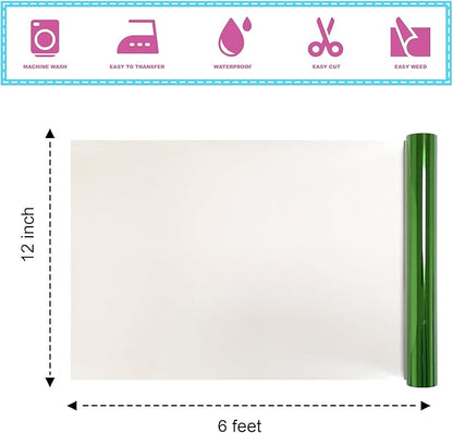 Metallic Green Sheet Foil Heat Transfer Vinyl, 12Inch x 6Ft Bundle Chrome HTV for Stunning T-Shirt Designs Perfect for DIY