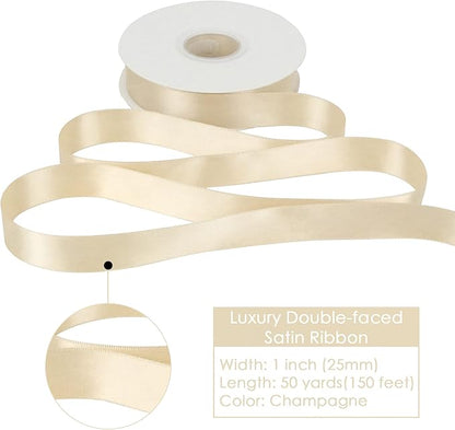 HUIHUANG Champagne Satin Ribbon 1 inch Silk Satin Ribbon 50 Yards Double Face Satin Ribbons for Wedding Decor Christmas Gift Wrapping Tree Decor Bows Bridal Floral Bouquet Invitation Card Party