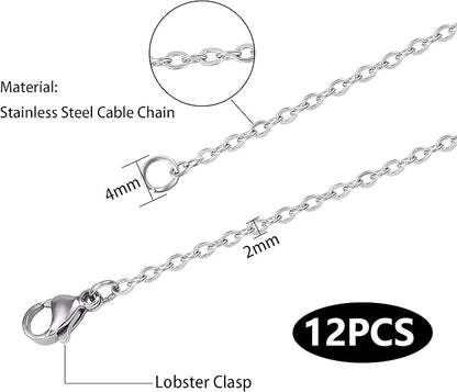 Wholesale 12 PCS Genuine Stainless Steel Cable Chain Necklace Chains Bulk for Jewelry Making (18 Inch(2MM))