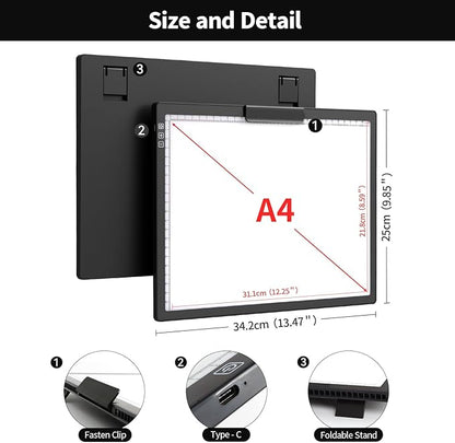 Zocelight Rechargeable A4 Light Box,led Light pad with Built-in Stand & Clip,6 Levels of Brightness Light Box for tracing,Diamond Painting.Light Table for Artists,Drawing,Sketching,Animation,X-ray