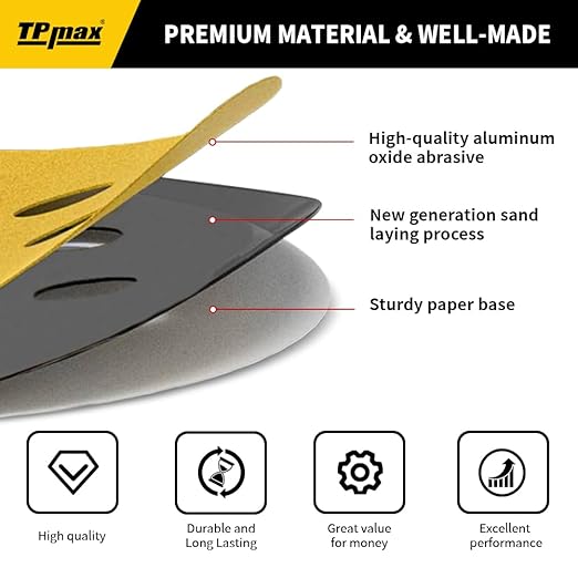 100PCS 5 Inch 60 Grit 125mm 8 Hole Sanding Discs Sandpaper - Premium Gold Round Hook and Loop for Random Orbital Sander - Ideal for Wood, Metal, Automotive