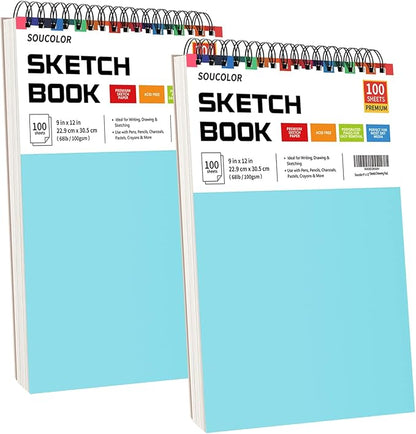 Drawing Set Sketching Kit, Pro Art Supplies, Soucolor 9" x 12" Sketch Book, 1-Pack 100 Sheets Spiral Bound Art Sketchbook for Colored Pencils, Graphite, Charcoal, Metallic Pencils, Sketching Pencils