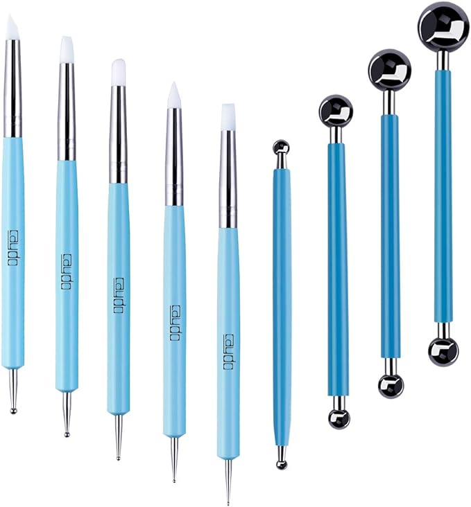 Caydo 9 Pieces Stylus Tools, 5 Pieces 2 Way Total 10 Different DIY Silicone and Ceramic Clay Indentation Tool and 4 Pieces Double-Ended Metal Ball Tools