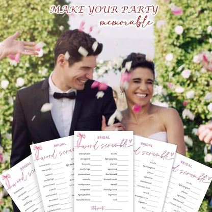 Bridal Shower Games Cards, Bridal Word Scramble, 25 Cards with 1 Answer Card, Engagement Party Games for Guests, Pink Ribbon Bow Wedding Party Supplies - E14