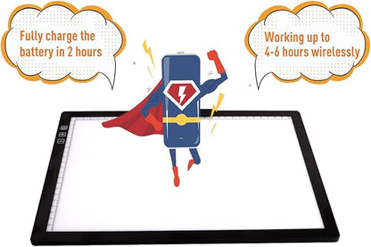 Rechargeable A4 LED Light Pad with Padded Case, Tracing Light Box w/Riser Stands and Paper Clip, 6 Levels of Brightness, Type-c Cable, Wireless Diamond Painting Light Board