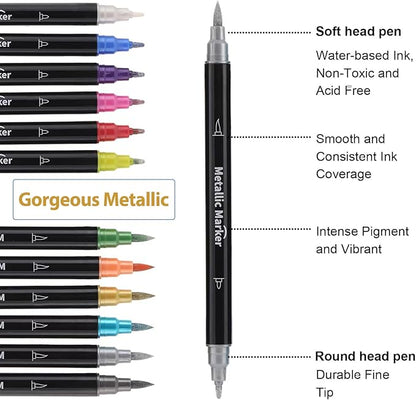 Colourcolor Pack of 12 Metallic Marker Pens - Dual Tip Brush & Fine Point Pens for DIY Album, Black Cards, Rock Painting, Card Making, Scrapbooking, Fabric, Metal, Ceramics, Wine Glass