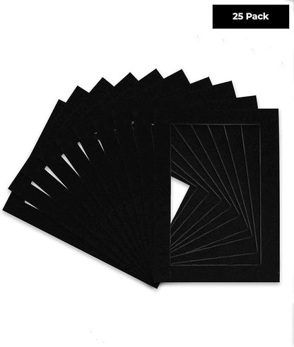 Poster Palooza Pack of 25 Acid Free 8x10 Mats Bevel Cut for 6x8 Photos - Black with Black Core Precut Matboards for Pictures, Photos, Framing - 4-ply Thickness