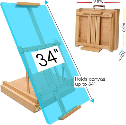 MEEDEN Studio Sketchbox Table Easel with Metal Lined Drawer - Adjustable Solid Beech Wood Tabletop Easel & Sketchbox Artist Easel with Storage, for Studio or Plein Air - Holds canvases up to 34" high